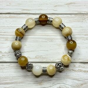 Chunky Yellow Agate & Silver Tone Stretchy Bracelet